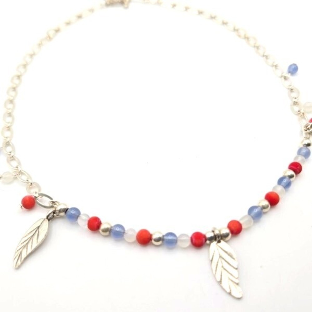 Artisan‎ Crafted Red Coral White Quartz Blue Glass 925 Sterling Silver Necklace